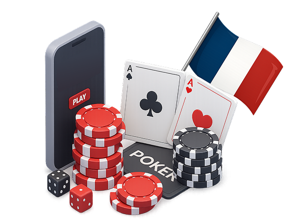 Smartphone affichant 'PLAY', cartes à jouer, jetons de poker, dés et drapeau français — symboles du jeu en ligne en France